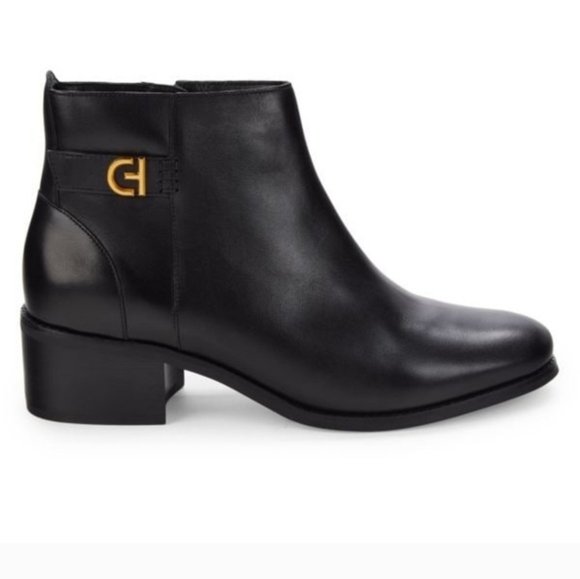Cole Haan Shoes - Cole Haan Womens Holis Black Leather Gold Logo Side Buckle Heeled Ankle Boot 9.5